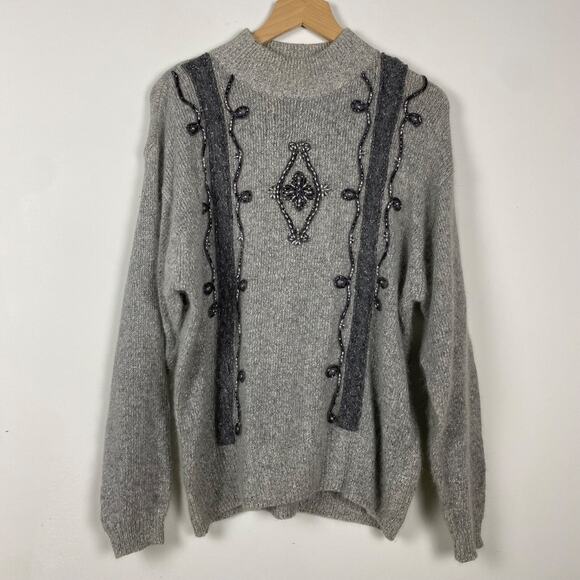 VTG Santoria Womens Beaded Sweater Size M Silk Blend Gray Ugly Christmas Glam - Picture 1 of 12